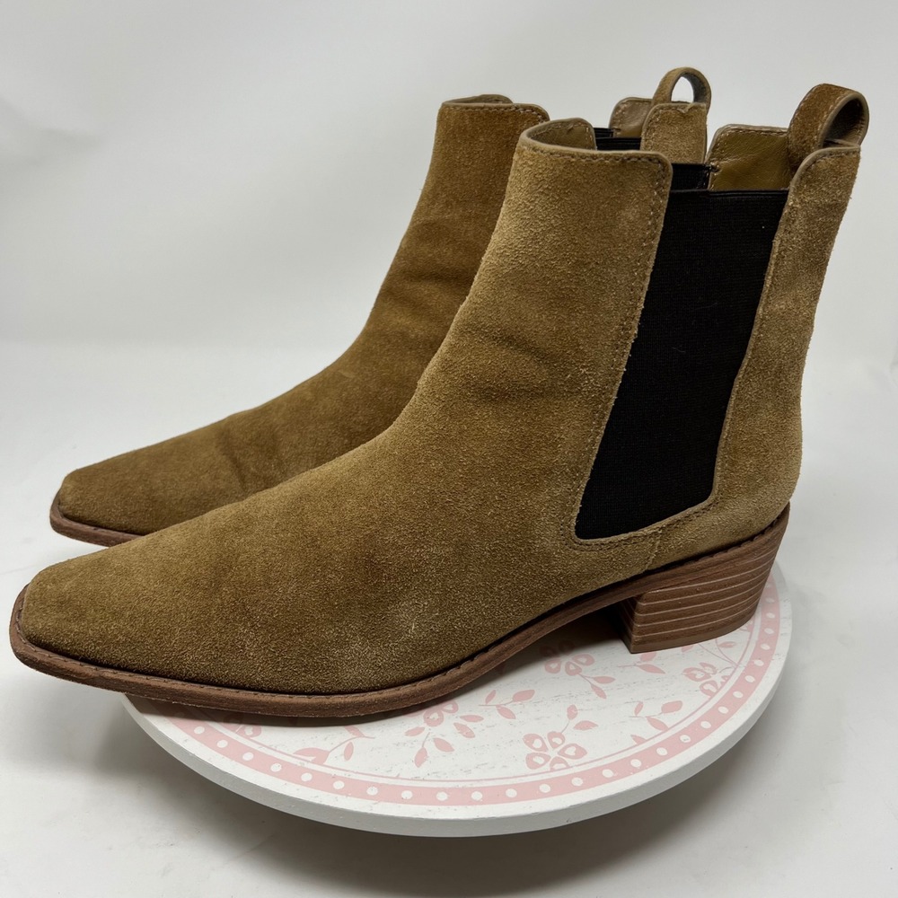 Tory Burch Chelsea Boots Women 10.5 Tan Suede Leather Square Toe Block Heel Pull
